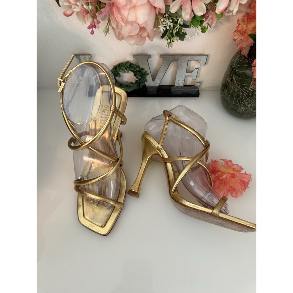 Schutz Womens Lovi Metallic Gold Tone Leather Strappy 4.5" Square Heels Sz 7.5B - Picture 16 of 16